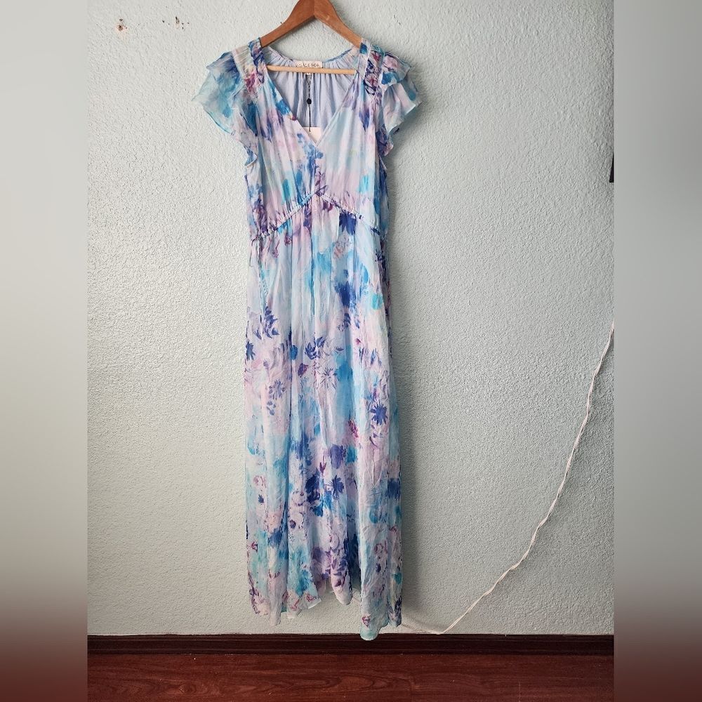 Hale Bob Silk Blend Blue and Purple Flutter Sleeve Maxi Dress